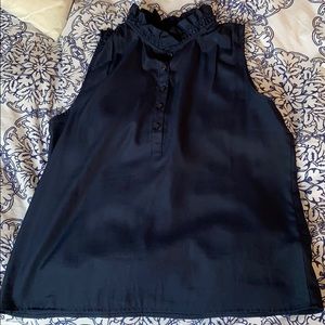 Navy J. Crew blouse with ruffled neckline